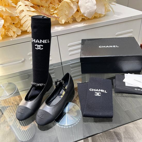 Chanel Detachable Knit Sock Mary Jane Flats Comfortable Leather Sole Shoes