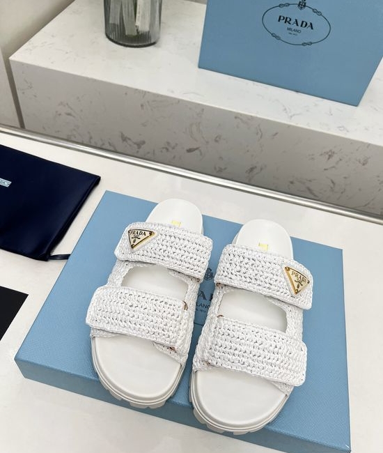 Prada Serated Woven Platform Sandals Rattan Upper Sheepskin Lining