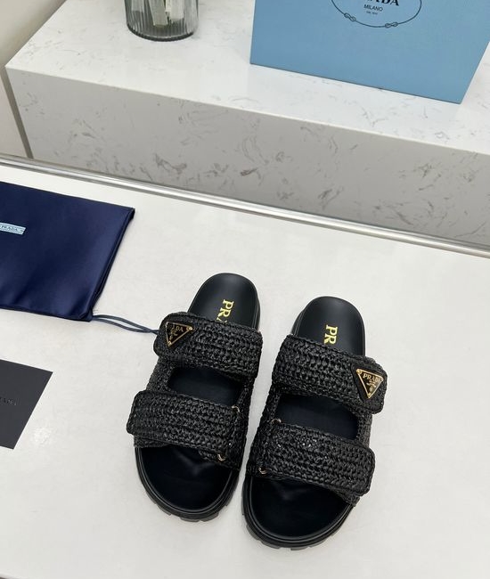 Prada Serated Woven Platform Sandals Rattan Upper Sheepskin Lining