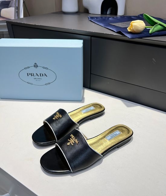 Prada Embossed Patent Leather Low Heel Slides