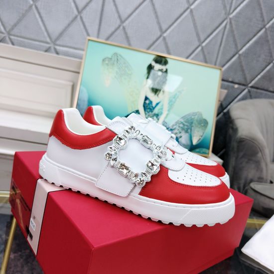 Roger Viver Rhinestone Buckle Carved Casual Non-slip Leather Sneakers