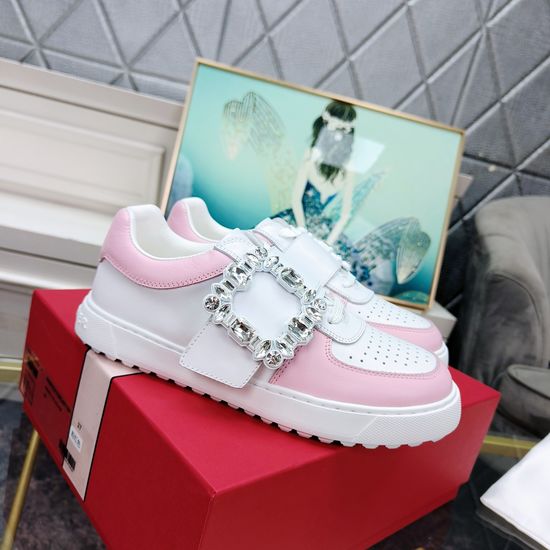 Roger Viver Rhinestone Buckle Carved Casual Non-slip Leather Sneakers