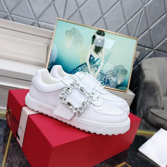 Roger Viver Rhinestone Buckle Carved Casual Non-slip Leather Sneakers