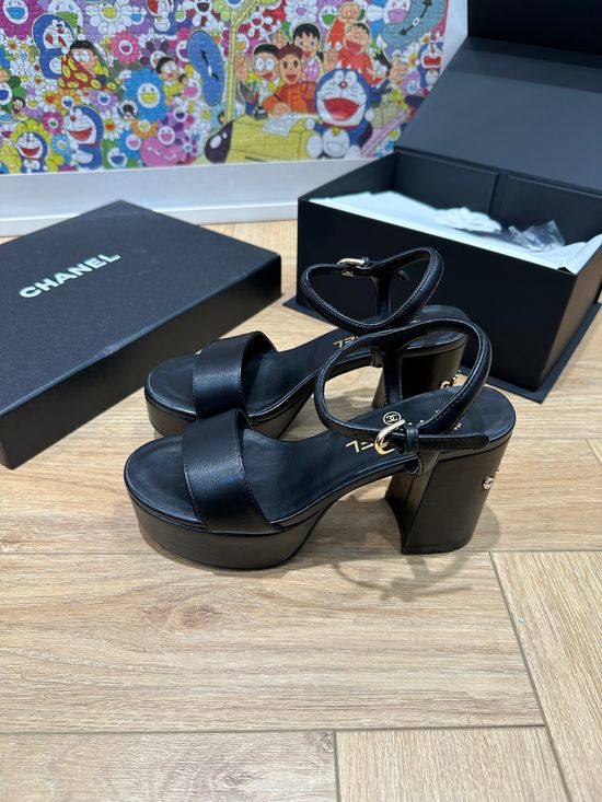 Chanel Rhinestone Decorated High Heel Leather Sandals