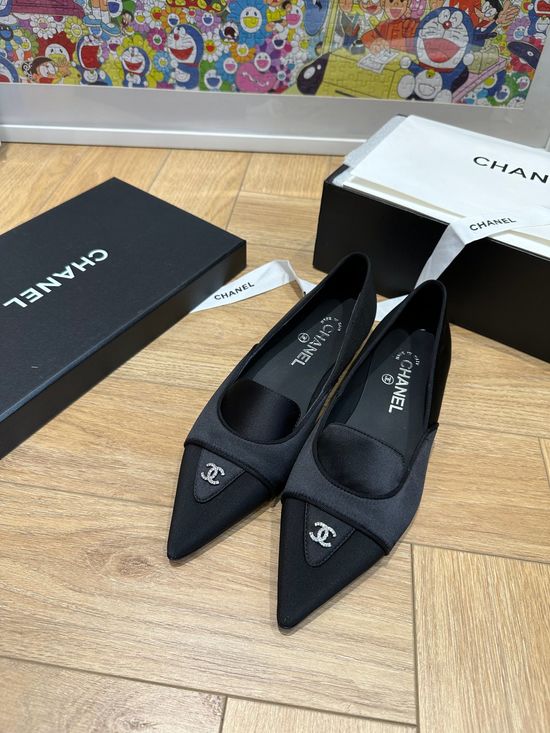 Chanel Rhinestone Buckle Pointed Toe Leather Flat Shoes