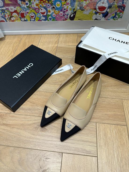 Chanel Rhinestone Buckle Pointed Toe Leather Flat Shoes