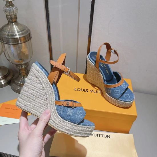 Louis Vuitton Cowhide Denim Wedge Espadrille Sandals with Platform