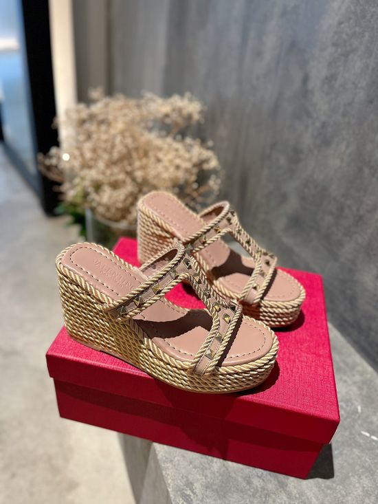 Valentino Rhinestone Decor Woven Espadrille Wedge Sandals