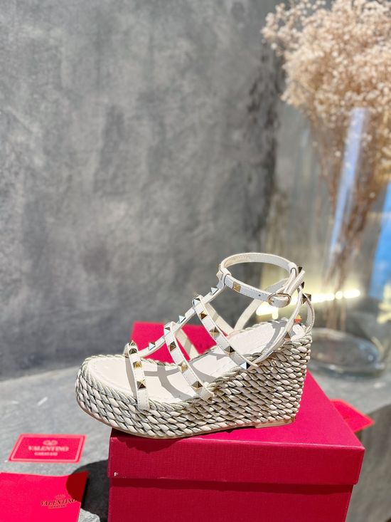 Valentino Rhinestone Decor Woven Espadrille Wedge Sandals