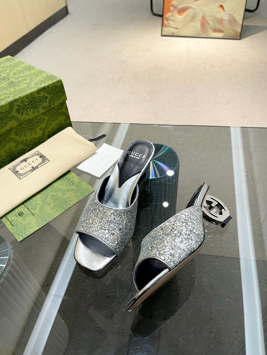 Gucci Metallic Heel High Heel Slide Sandals Glitter Upper