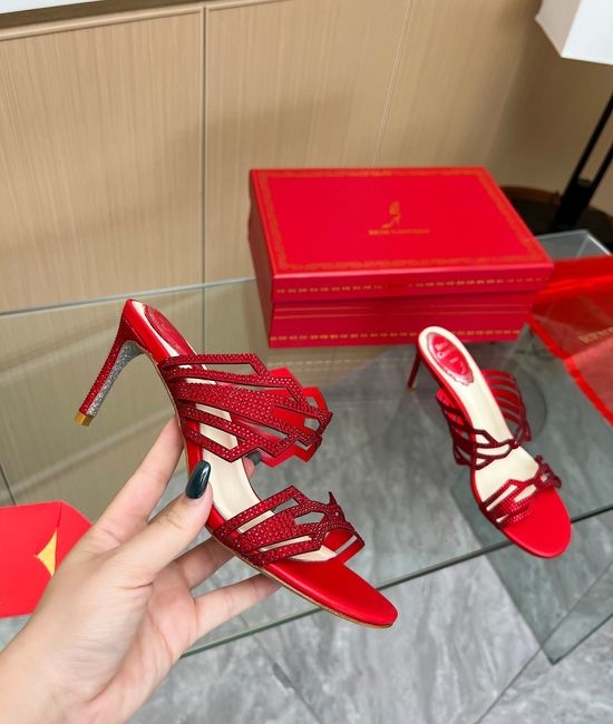 Rene Caovilla Rhinestone Embellished Peep Toe High Heel Mules