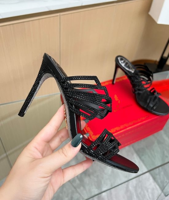 Rene Caovilla Rhinestone Embellished Peep Toe High Heel Mules