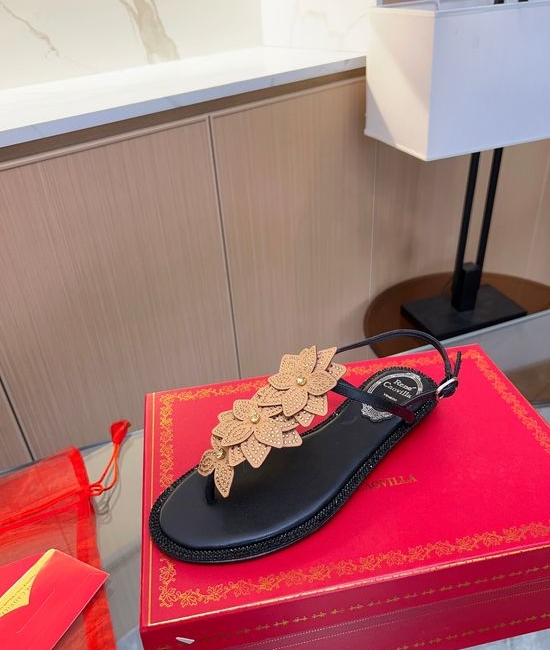 Rene Caovilla Elegant Rhinestone Flower Flat T-Strap Sandals