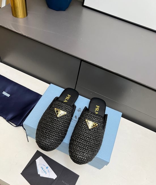 Prada Classic Flat Slides Metal Logo Decor Rattan Upper Sheepskin Lining