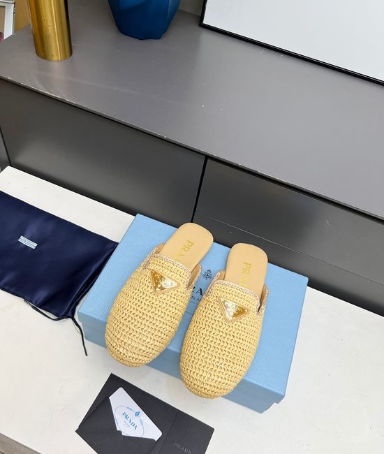 Prada Classic Flat Slides Metal Logo Decor Rattan Upper Sheepskin Lining