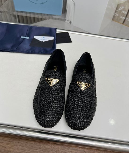 Prada Classic Flat Shoes Metal Logo Decor Rattan Upper Sheepskin Lining