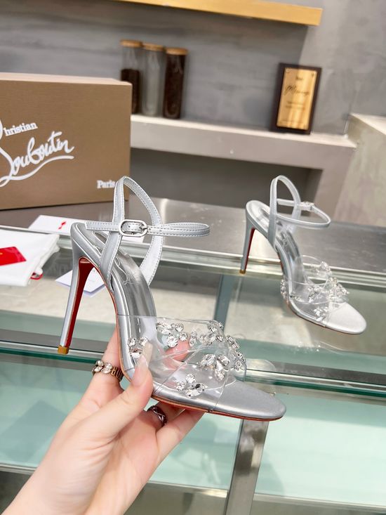 Christian Louboutine Rhinestone PVC Strap Stiletto Heel Sandals Red Sole