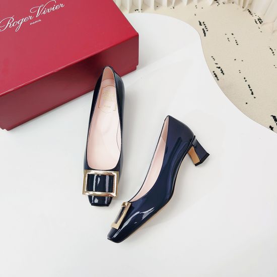 Roger Viver Dark Blue Square Buckle Kitten Heel Pumps Premium Leather