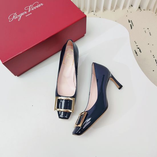 Roger Viver Dark Blue Buckle Mid Heel Leather Dress Shoes