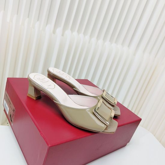Roger Viver Patent Leather Buckle Mid Heel Mule Slides