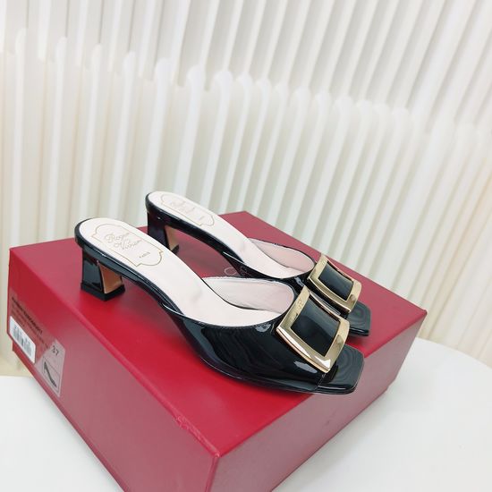 Roger Viver Patent Leather Buckle Mid Heel Mule Slides