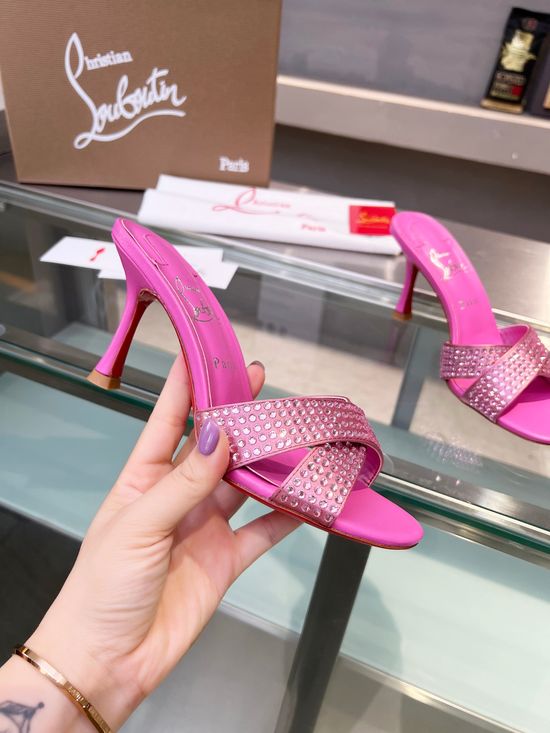Christian Louboutine Rhinestone Silk Strap Stiletto Heel Mules Red Sole