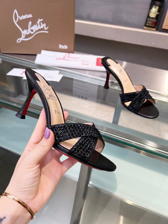 Christian Louboutine Rhinestone Silk Strap Stiletto Heel Mules Red Sole