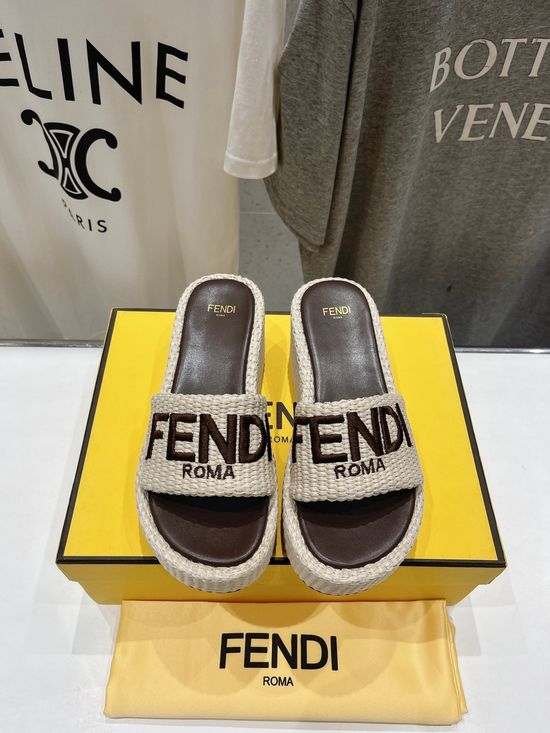 Fendi Woven Upper Wedge Slide Sandals Soft Lining Comfortable Footwear