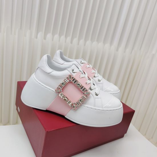 Roger Viver Rhinestone Buckle Leather Platform Elevator White Sneakers