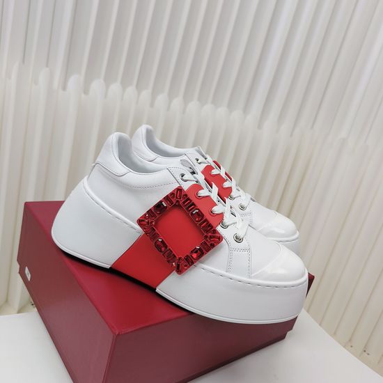 Roger Viver Rhinestone Buckle Leather Platform Elevator White Sneakers