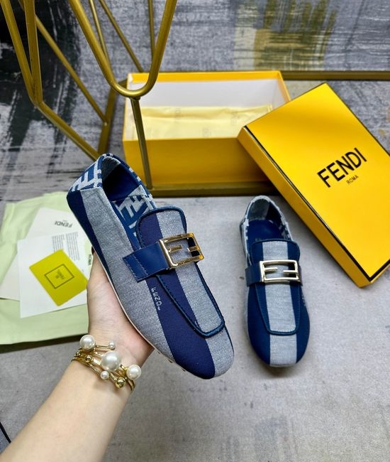 Fendi Canvas Loafers with Embroidery Trim and Metal Buckle