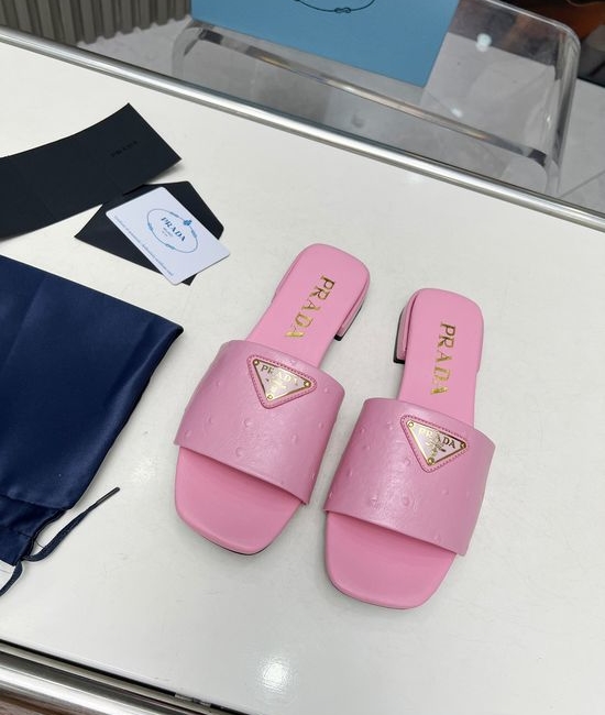 Prada Ostrich Pattern Leather Flat Sandals Multiple Colors