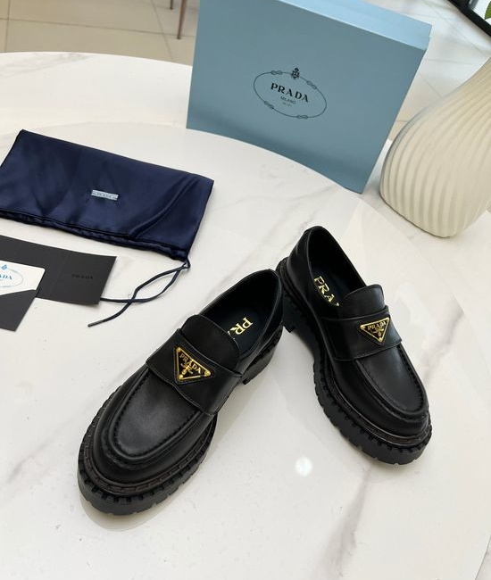 Prada Premium Leather Platform Loafers with Logo Accent