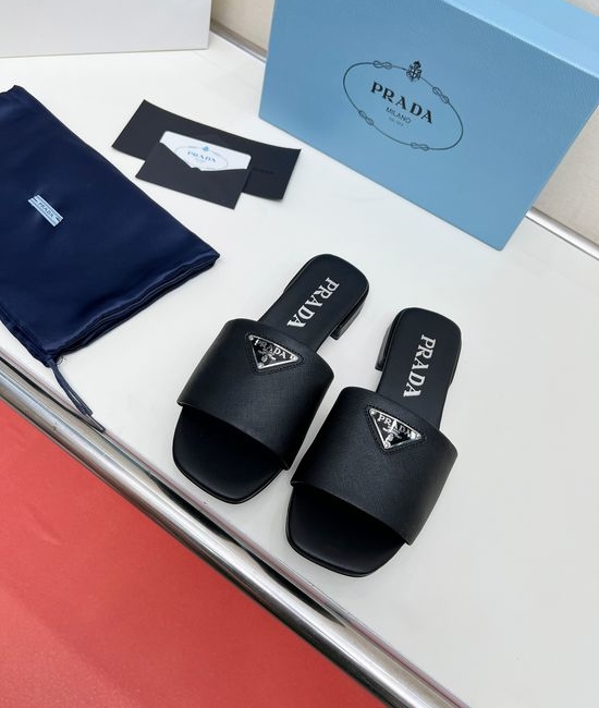 Prada Patent Leather Low Heel Slides Genuine Leather Sole