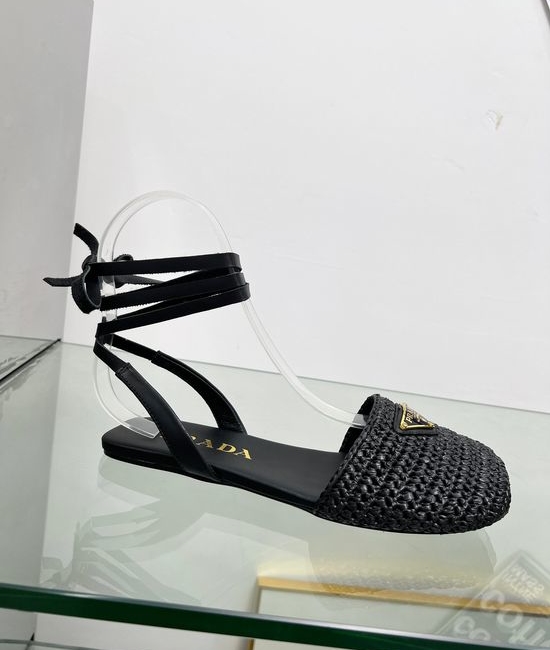 Prada Lightweight Raffia Slide Sandals with Metal Logo
