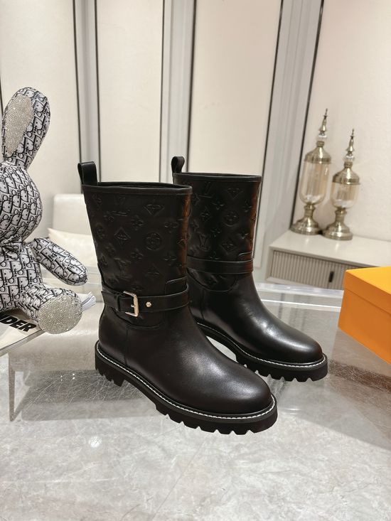 Louis Vuitton Ankle Leather Flat Boots Adjustable Buckle Durable Wearable