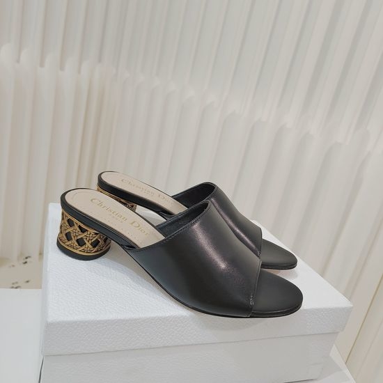 Christian Dior CD Leather Chunky Heel Slides with Hollow Gold Heel