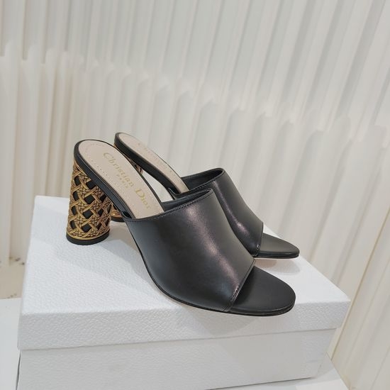 Christian Dior CD Leather Chunky Heel Slides with Hollow Gold Heel
