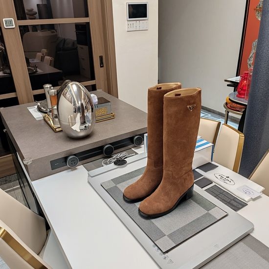 Prada Comfortable Suede Knee High Boots Chunky Heel Non-slip Sole