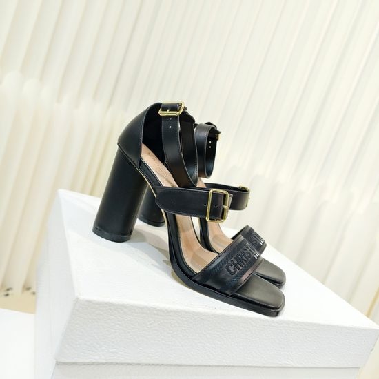 Christian Dior CD Embroidered Adjustable Strap Block Heel Leather Sandals