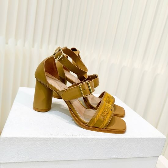 Christian Dior CD Embroidered Adjustable Strap Block Heel Leather Sandals