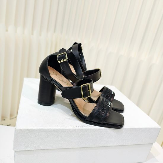 Christian Dior CD Embroidered Adjustable Strap Block Heel Leather Sandals