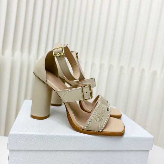 Christian Dior CD Embroidered Peep Toe Pearl Buckle High Heel Sandals
