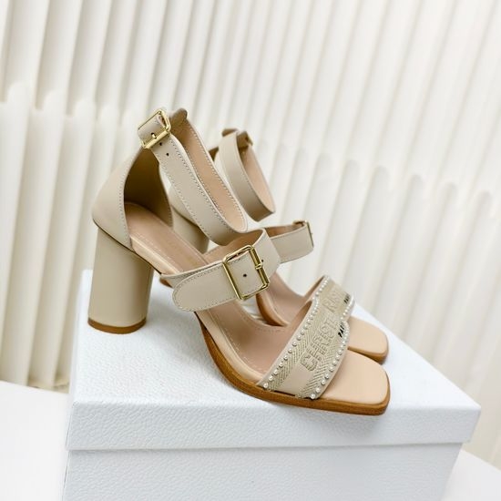 Christian Dior CD Embroidered Peep Toe Pearl Buckle High Heel Sandals