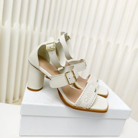 Christian Dior CD Embroidered Peep Toe Pearl Buckle High Heel Sandals