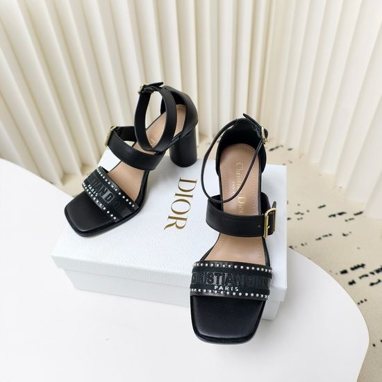 Christian Dior CD Embroidered Peep Toe Pearl Buckle High Heel Sandals