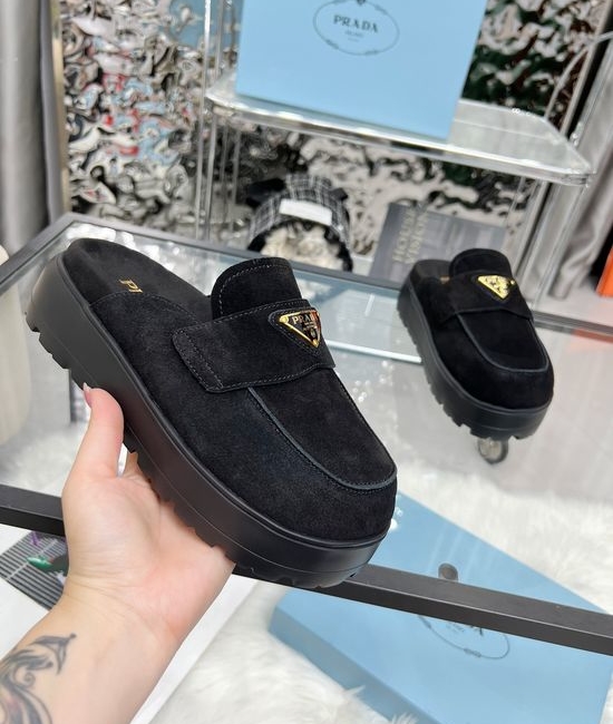 Prada Suede Closed Toe Slides with Geometric Heel