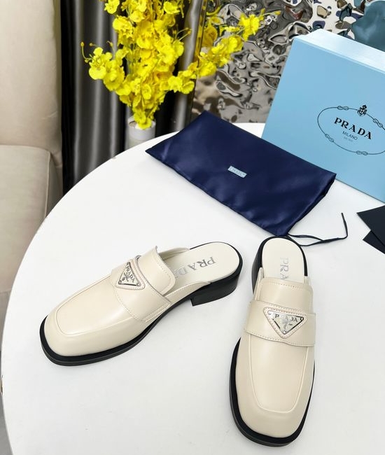 Prada Round Toe Buckle Loafer Slides Soft Patent Leather