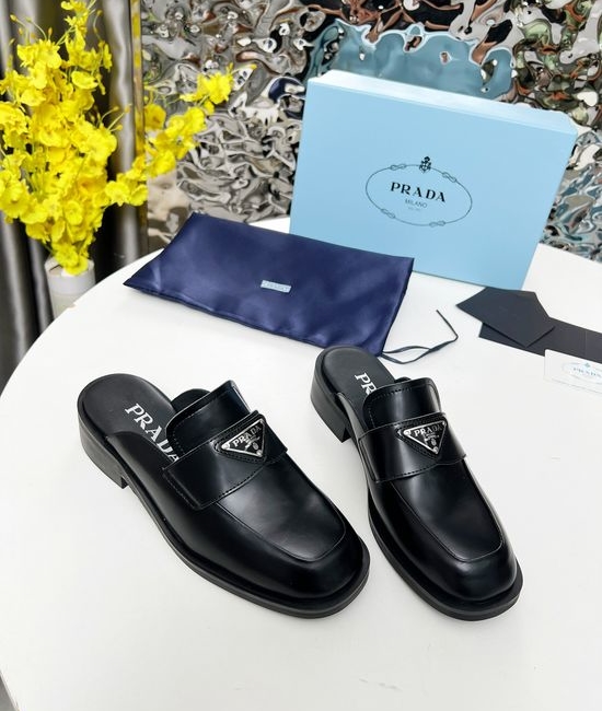 Prada Round Toe Buckle Loafer Slides Soft Patent Leather