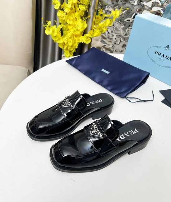 Prada Round Toe Buckle Loafer Slides Soft Patent Leather